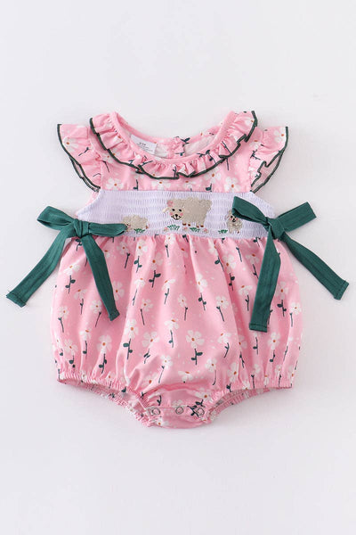 Pink sheep floral smocked ruffle baby romper