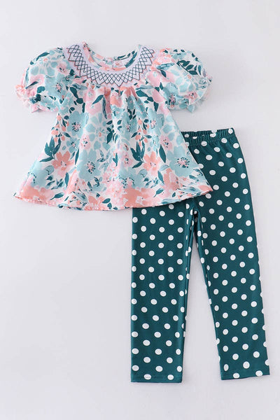 Turquoise floral smocked girl pant set
